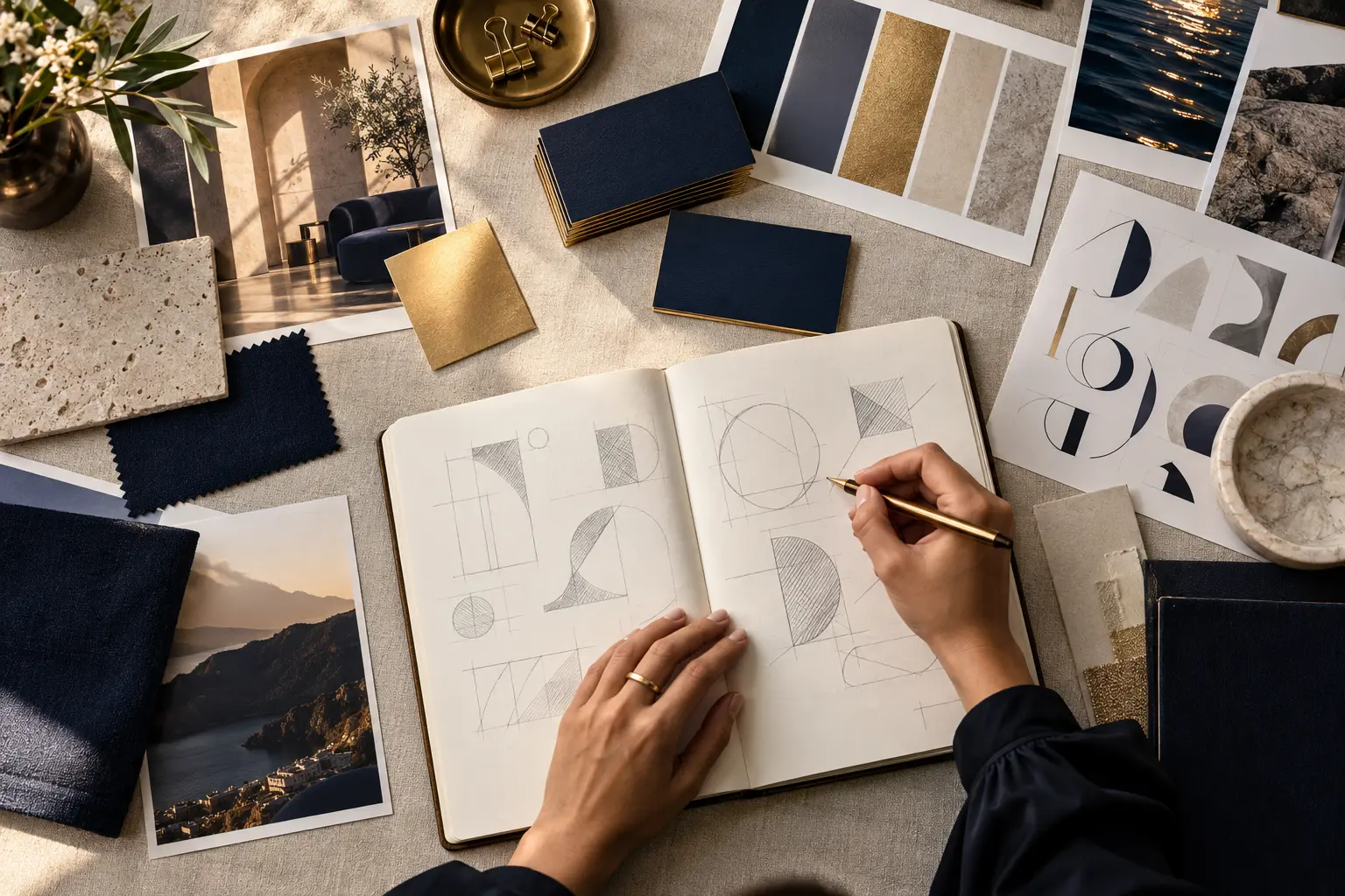 Designer sketching brand identity concepts beside navy business cards, colour swatches and stationery