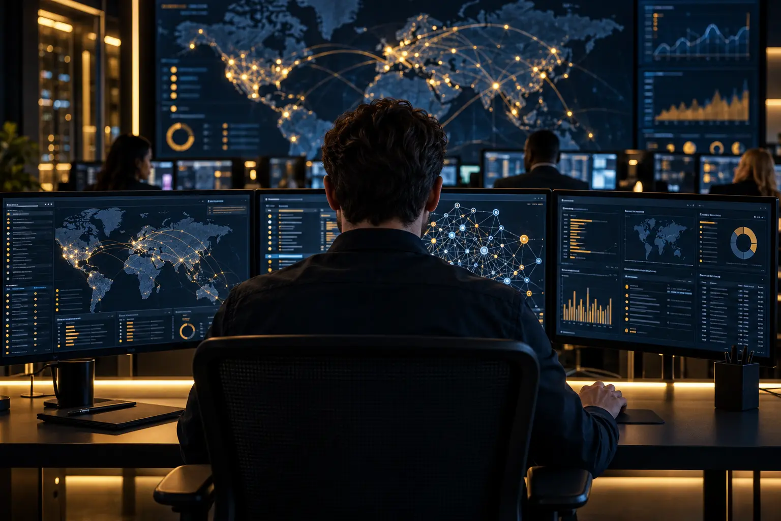 Cybersecurity analyst monitoring network maps and threat dashboards in a security operations centre