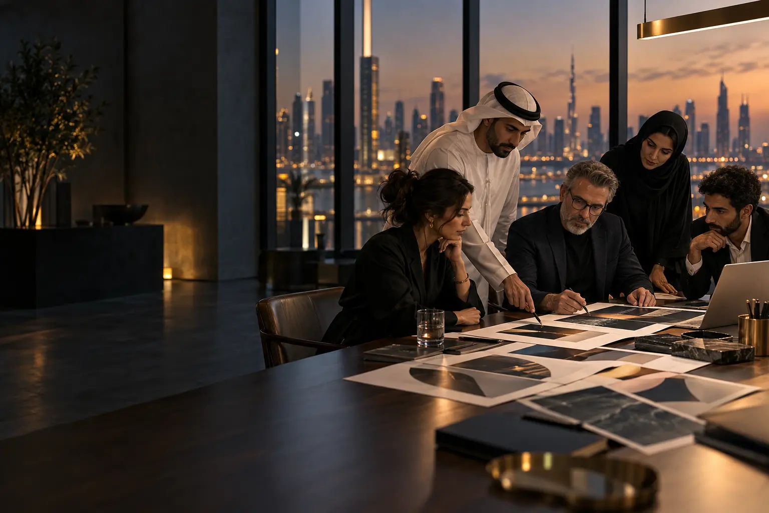 Marketing insights from a team reviewing printed campaign layouts in a modern studio at dusk