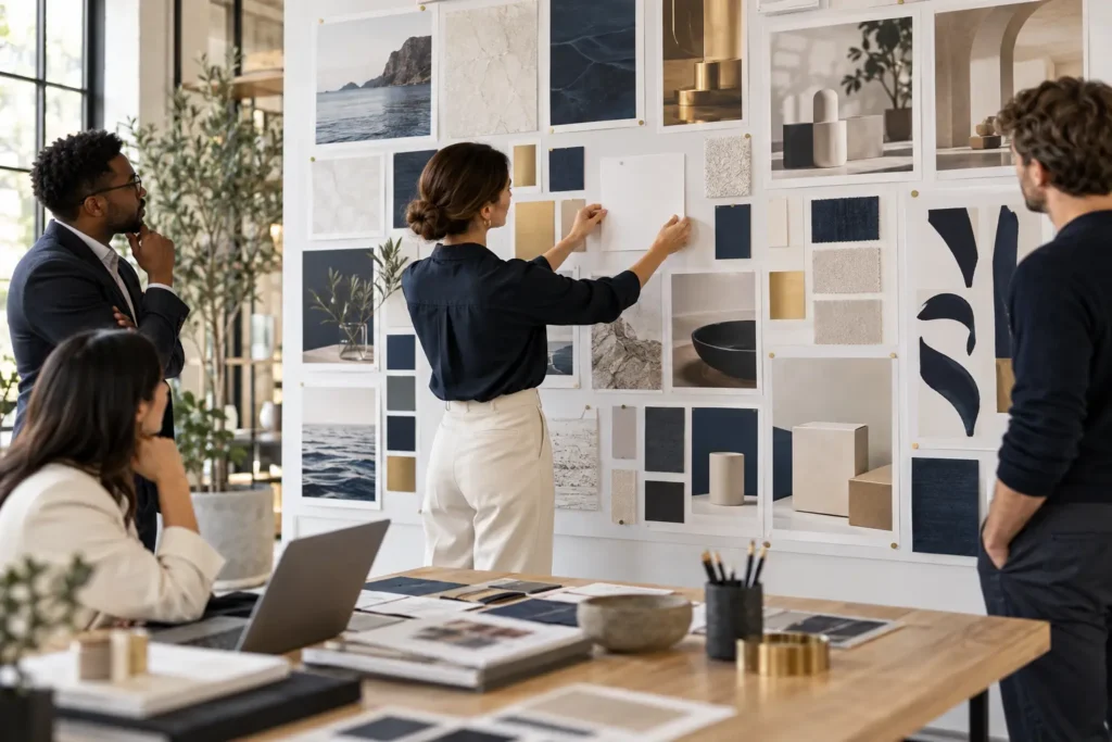 Creative director aligning a brand positioning wall of colours, typography and packaging samples