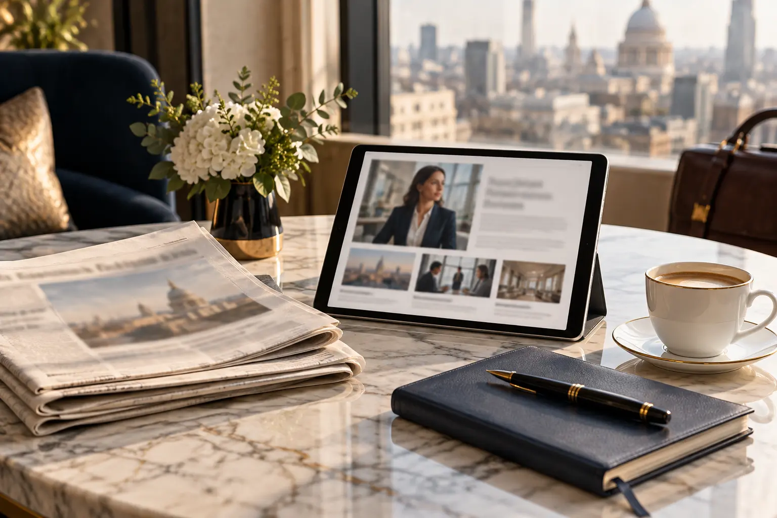 Newspapers, a magazine feature on a tablet and a journalist’s notebook representing earned media coverage