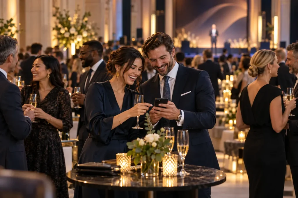 Guests sharing photos and conversation at an elegant corporate event reception after a keynote