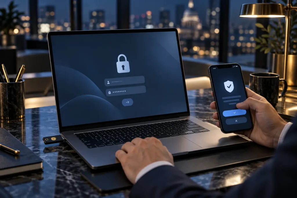 Laptop login with a security key and phone verification prompt, showing cybersecurity basics for small business