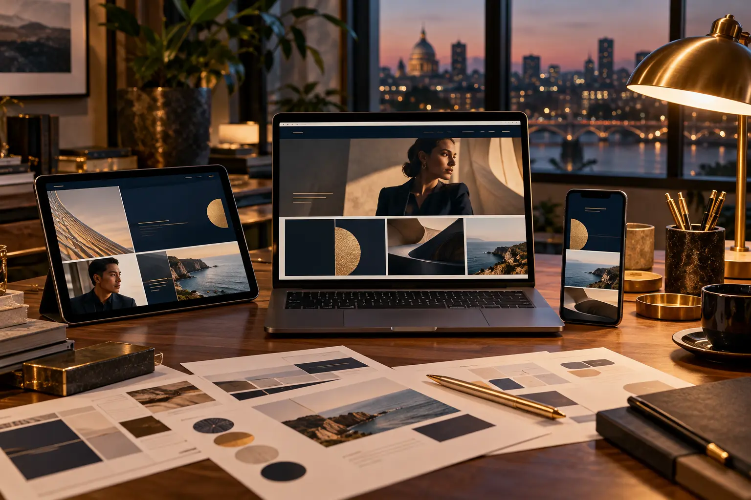 Web and digital solutions: a website design displayed on a laptop, tablet and phone beside printed wireframes